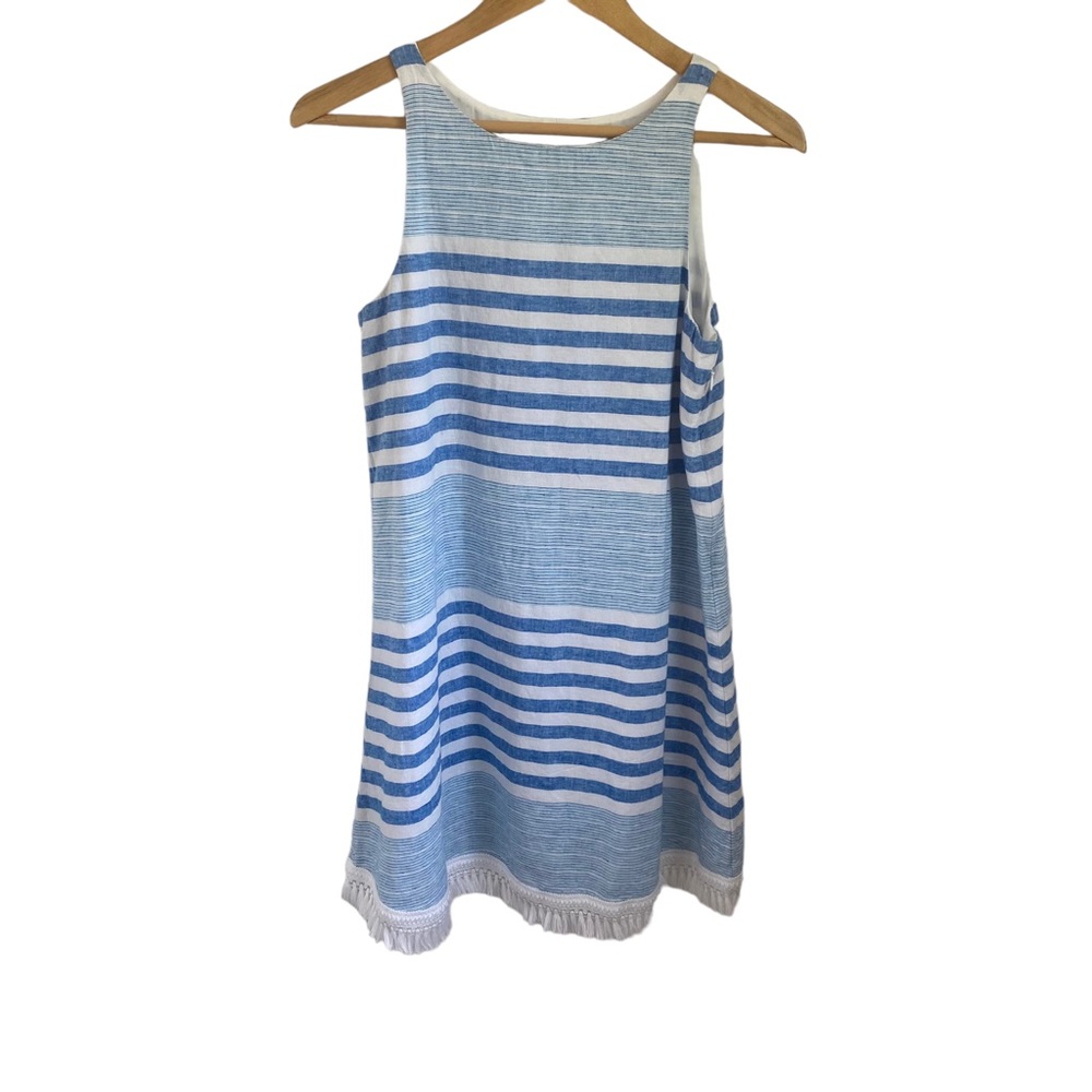 Vineyard Vines | Linen Dress Blue and White Stripes Size 2 Fringe Hem - Picture 2 of 7